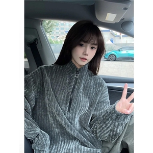 雪尼尔半拉链卫衣男女秋冬美式长袖t恤高级感情侣外套LE766-P39图片