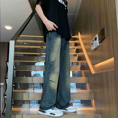 闪电纹高腰微喇直筒牛仔裤男款裤子美式高街vibe阔腿裤KA1137-P46，男装牛仔裤，星座208-5