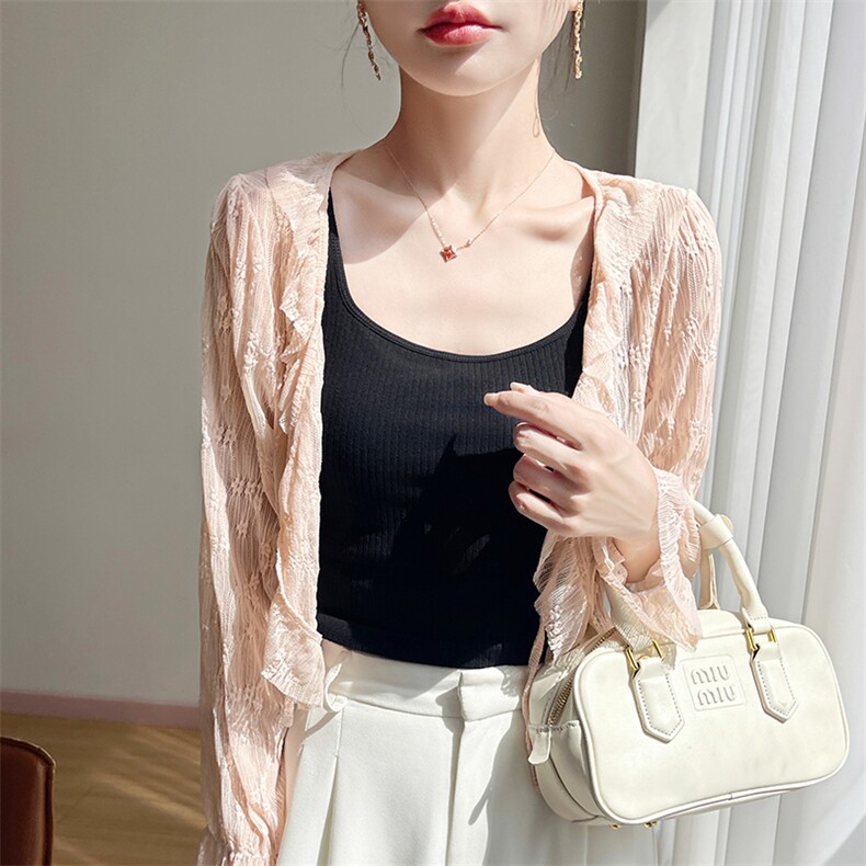 时尚薄款网纱木耳边系带开衫女洋气小香风外搭小披肩休闲防晒罩衫，女装蕾丝衫/雪纺衫，圣丽羊绒