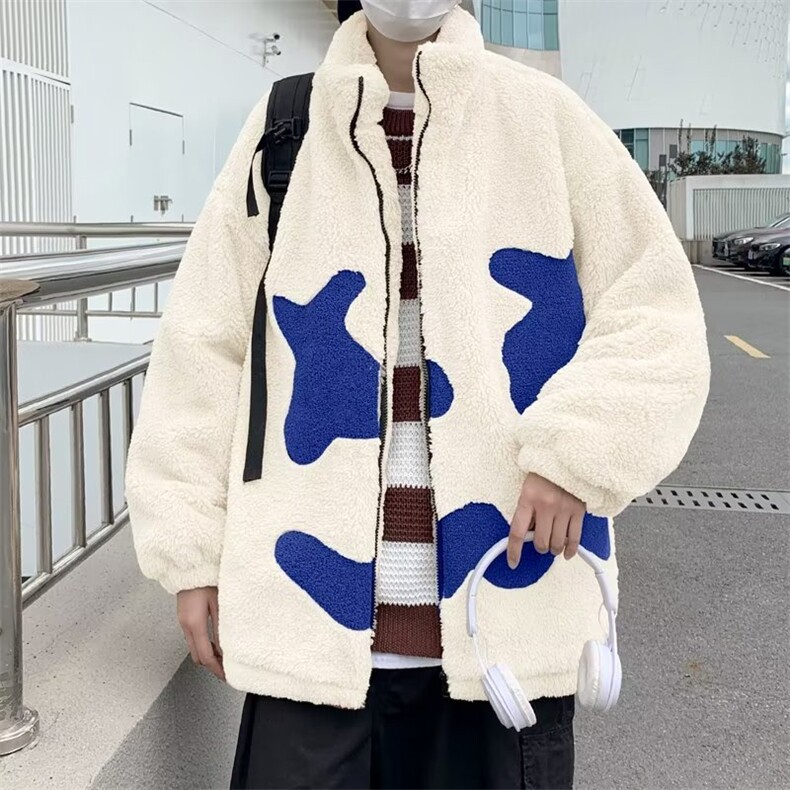 羊羔毛刺绣小恶魔网红男chic加绒加厚情侣款冬季立领保暖FJ041P55图片