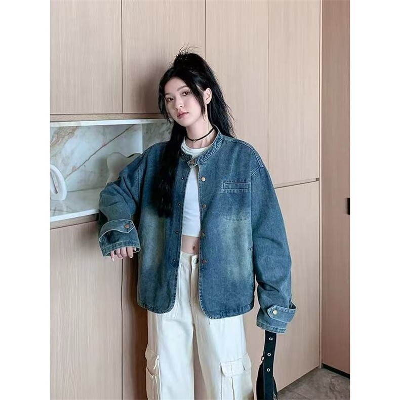 2025新款休闲圆领牛仔外套女上衣韩版复古宽松蓝色正肩小个子薄款,男装工装外套,星座1210-1