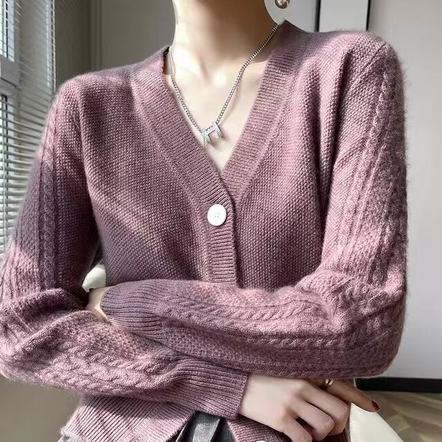 新款V领羊毛针织开衫女长袖宽松显瘦百搭,女装羊毛衫,千御纺羊绒