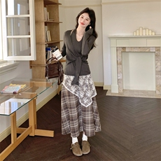 新品灰色上衣+蕾丝拼接格子半身裙套装2C158-6046-P175-K288，女装套装/套裙，2C158
