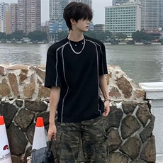 抖音得物二开240克宽松纯棉美式高街痞帅金属扣辑明线短袖T恤，男装T恤，电商A486