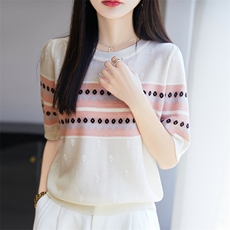 夏季新款时尚气质短袖针织衫女修身显瘦百搭休闲上衣，女装针织衫/毛衣，郡淞羊绒