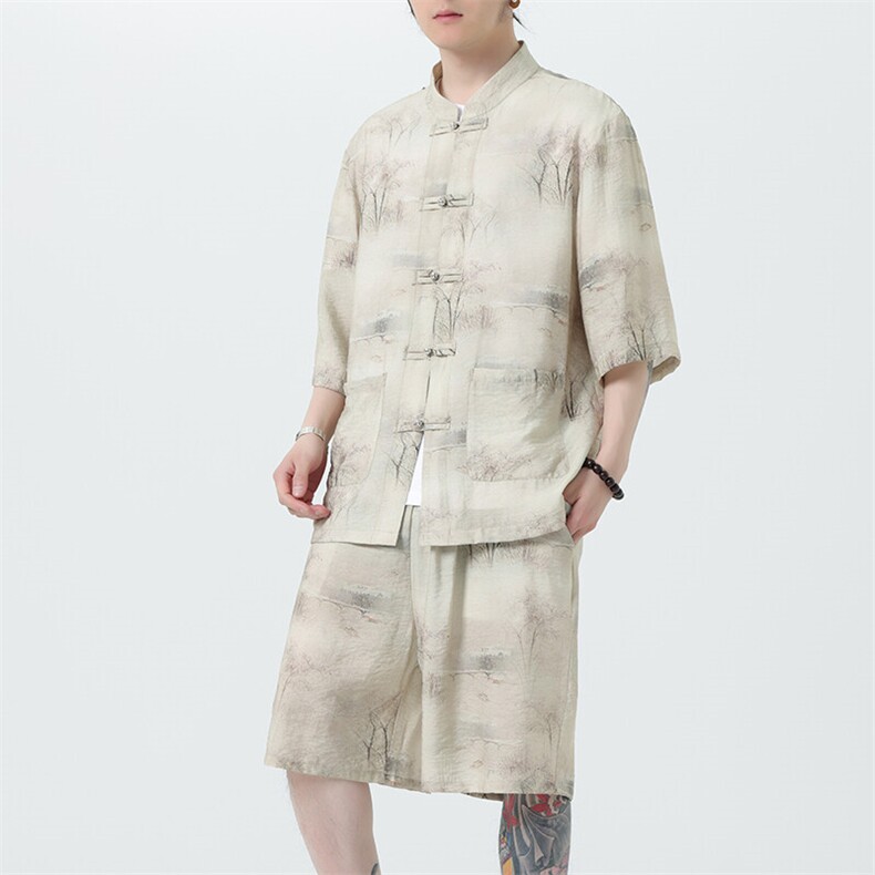 2026夏季新款男风冰丝唐装民族风印花套装短袖+短裤A115-P80，男装牛仔裤，电商B277(原6028)