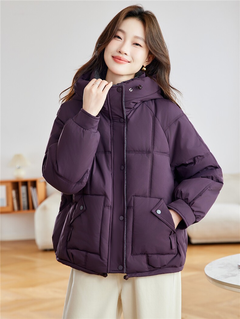 2025年冬季新款连帽拼接时尚棉服女加厚保暖,女装棉衣/棉服,忆绮罗