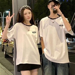 200克宽松圆领三条杠短袖T恤棉情侣团队服班服定制潮男女V4图片