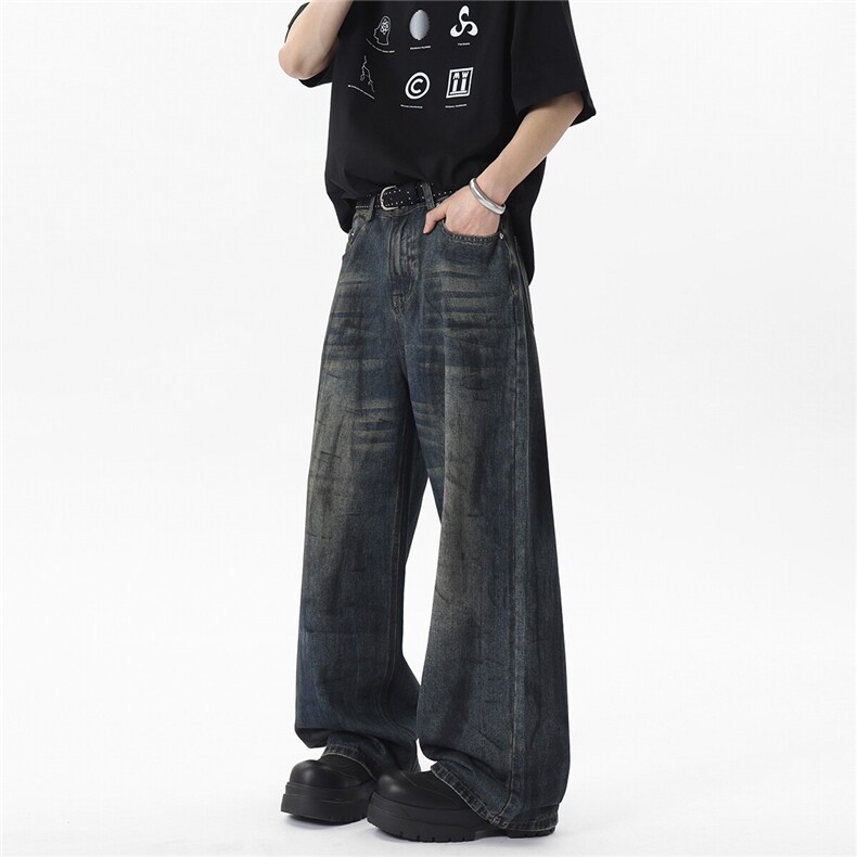 xz905-2-Z070#P65-（控98）美式阔腿脏脏水洗牛仔裤,男装牛仔裤,星座905-2