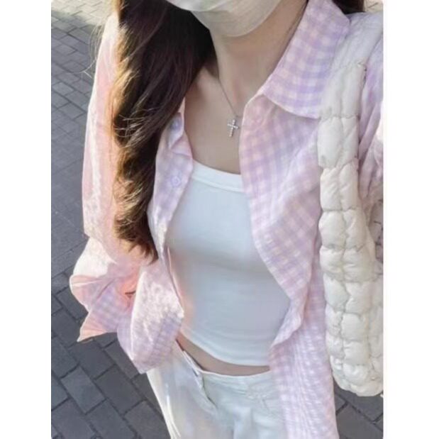甜美粉色格子衬衫女2025春夏季新款设计感小众宽松休闲长袖上衣潮,男装衬衫,星座506A