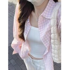 甜美粉色格子衬衫女2025春夏季新款设计感小众宽松休闲长袖上衣潮，男装衬衫，星座506A