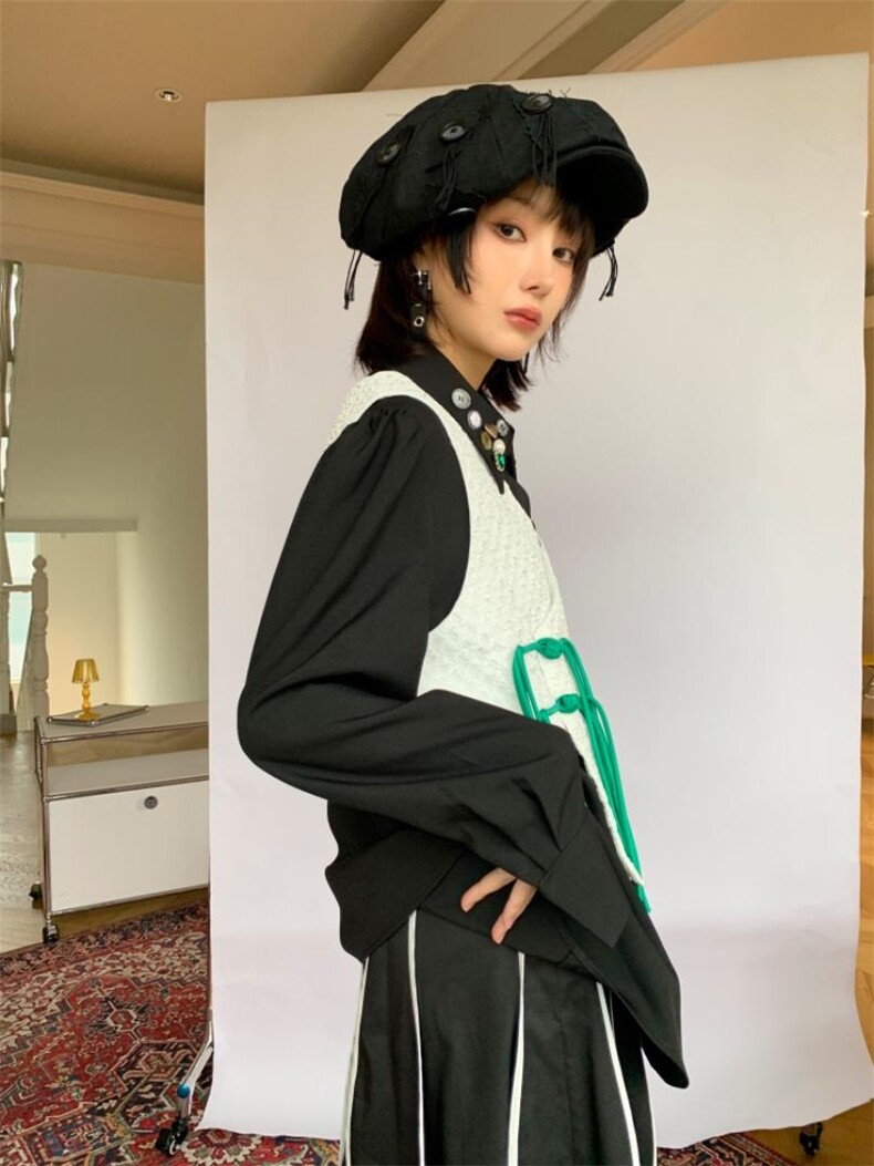 绿色大盘扣两件套衬衣，其它，WAN QING万青