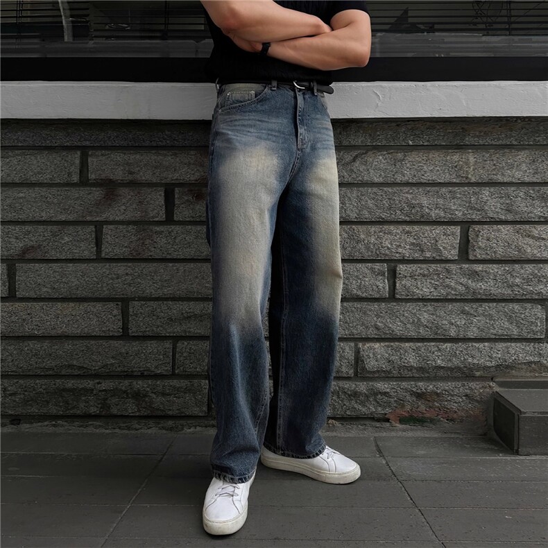 复古水洗做旧牛仔裤男美式高街vingtage百搭阔腿长裤直筒休闲裤子，女装休闲裤，星座1210-1