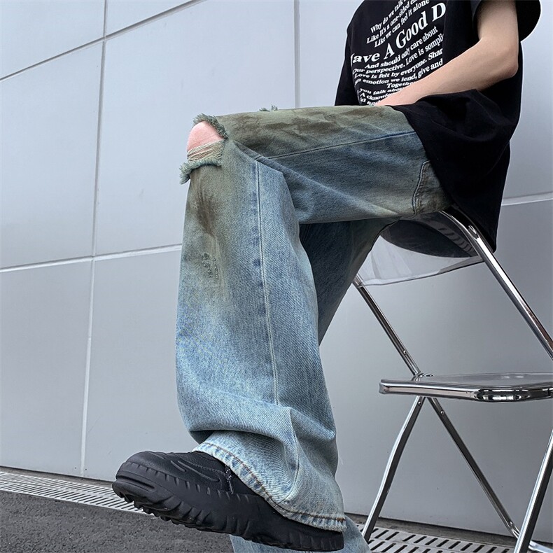 港风夏款男牛仔裤破洞渐变色微喇叭扎染脏脏裤长裤NK5505P55,男装牛仔裤,星座1013-1