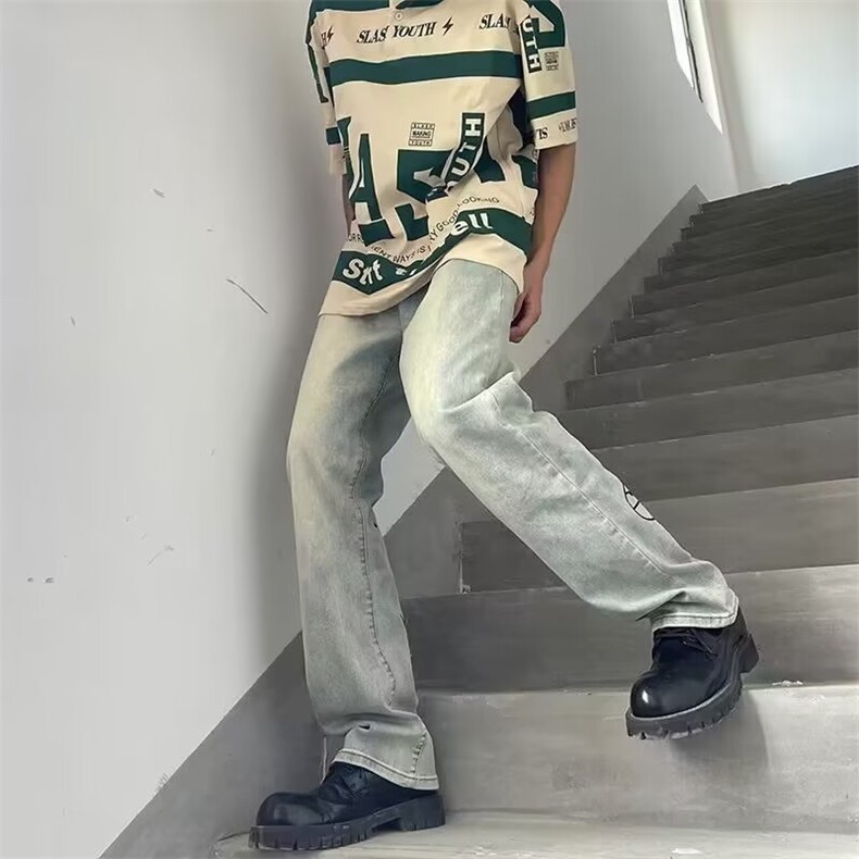 美式水洗做旧黄泥色印花牛仔裤男女潮ins高街休闲显瘦直筒长裤男,男装牛仔裤,星座506A