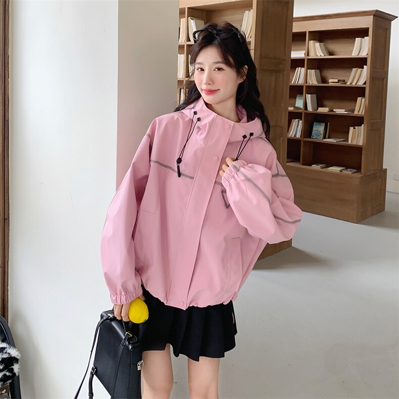 粉色超好看减龄工装外套女2025春新款韩版宽松小个子百搭连帽上衣,女装短外套,2C098