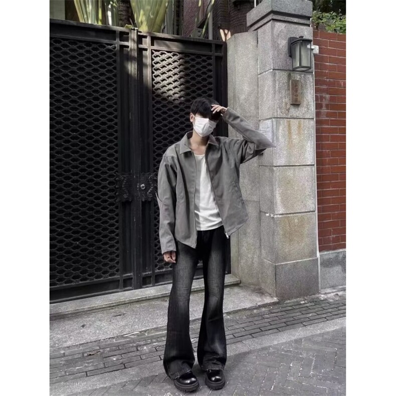 美式复古小众铆钉褶皱高级感翻领夹克男女春秋季vibe解构宽松外套,男装夹克,星座506A
