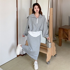 灰色休闲时尚套装裙女2025春秋季新款假两件拼接卫衣半身裙两件套，女装套装/套裙，2C205
