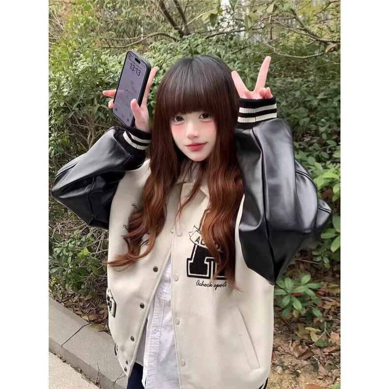美式复古刺绣字母棒球服女春季新款重磅bf慵懒风百搭宽松夹克上衣,男装夹克,星座506A