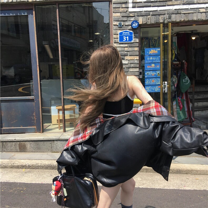 美式撞色格纹双面穿皮衣外套男女秋冬高级感小众炸街百搭夹克潮流图片