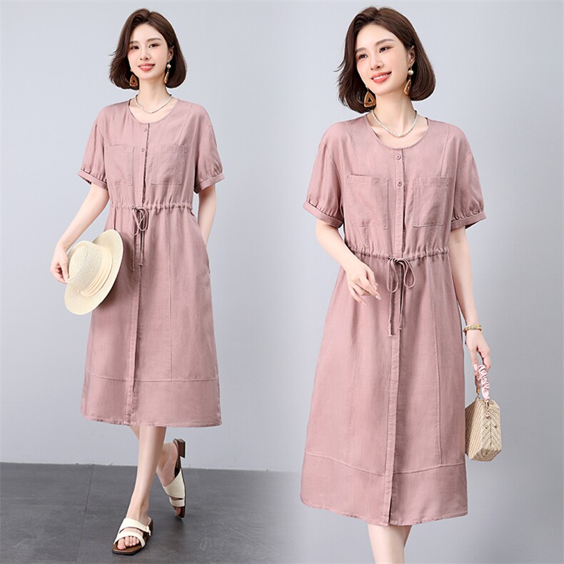 抽绳收腰显瘦气质长款天丝亚麻连衣裙女夏宽松洋气减龄中年妈妈40，女装连衣裙，曼沙奕珂