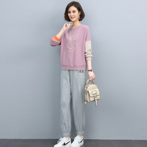 2022春季新款简约时尚气质圆领个性图案宽松休闲两件套,女装套装/套裙,丽影随形
