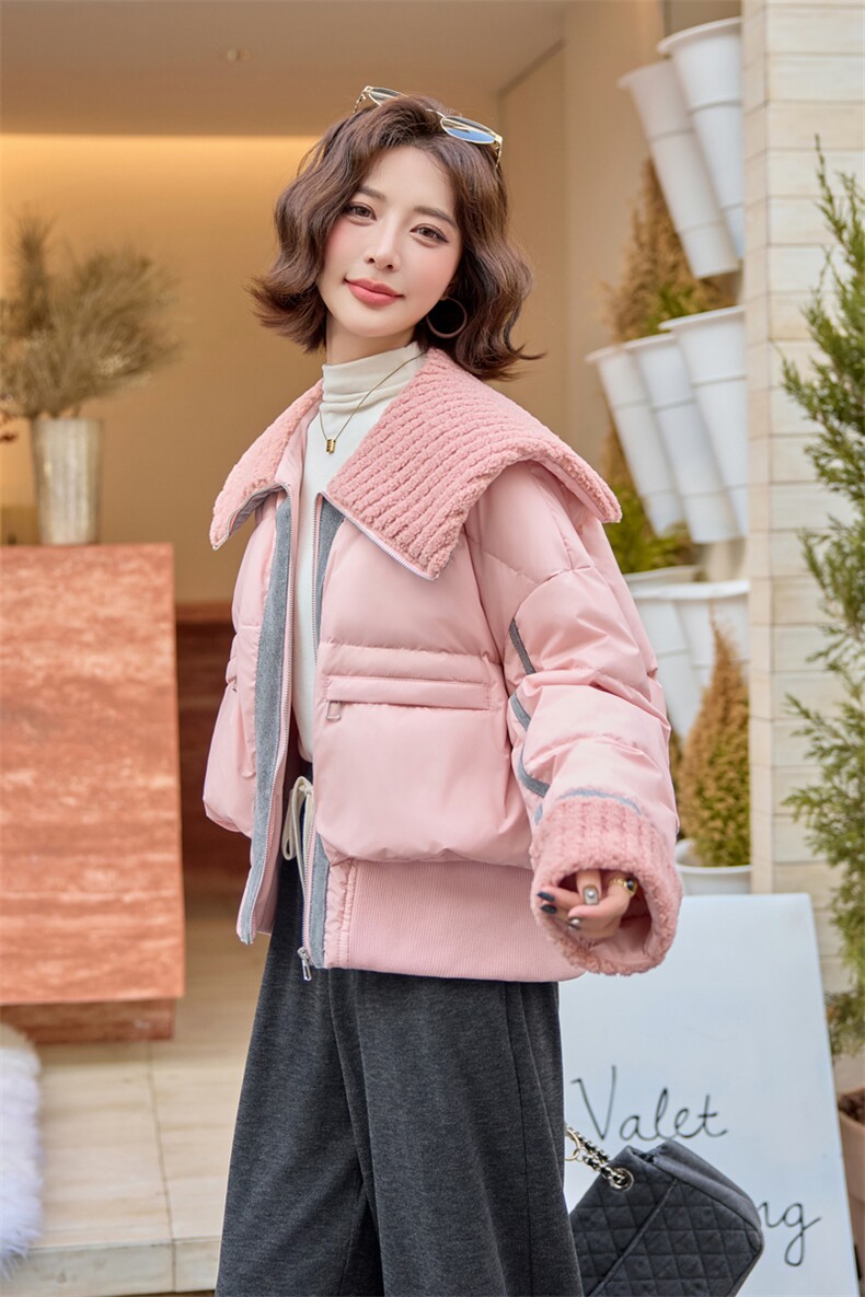 【bao款现货】2024新款冬装百搭颗粒绒拼接牛仔翻领羽绒服白鸭绒,女装羽绒服,雅静靓衣