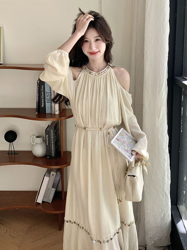 法式复古露肩连衣裙女2025夏季新款RF2C290-6829#-P165-K255,女装连衣裙,蝶眷
