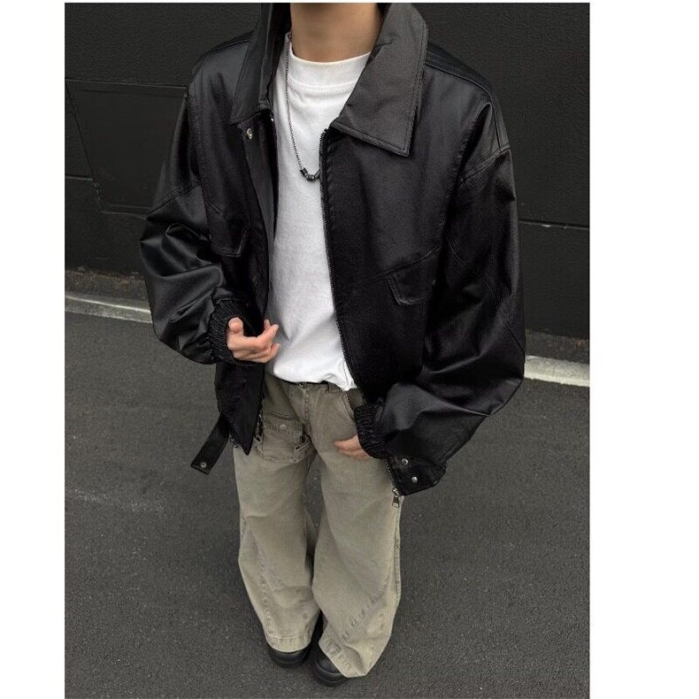欧美街头宽松机车服皮衣男潮高级感飞行员PU皮夹克外套W6384-P70图片