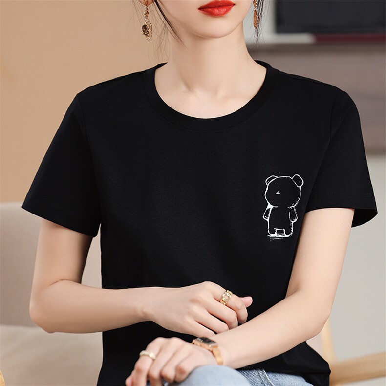 丝光棉烫钻烫画刺绣短袖t恤女夏季新款韩版宽松显瘦百搭圆领上衣,女装T恤,元素羊绒