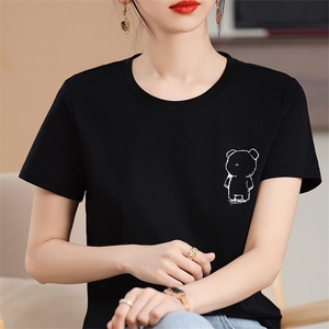 丝光棉烫钻烫画刺绣短袖t恤女夏季新款韩版宽松显瘦百搭圆领上衣图片