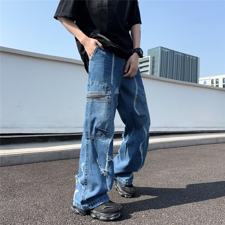 重工磨破牛仔裤高街潮牌破洞工装宽松拖地牛仔裤1001-1-XN873-P60图片