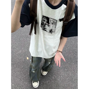 抖音得物高品质二开240克宽松纯棉美式潮牌插肩袖拼接短袖T恤图片
