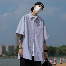 条纹衬衫男短袖款夏季潮流韩版日系港风冰丝薄款衬衣外套~C290，男装衬衫，星座601-2