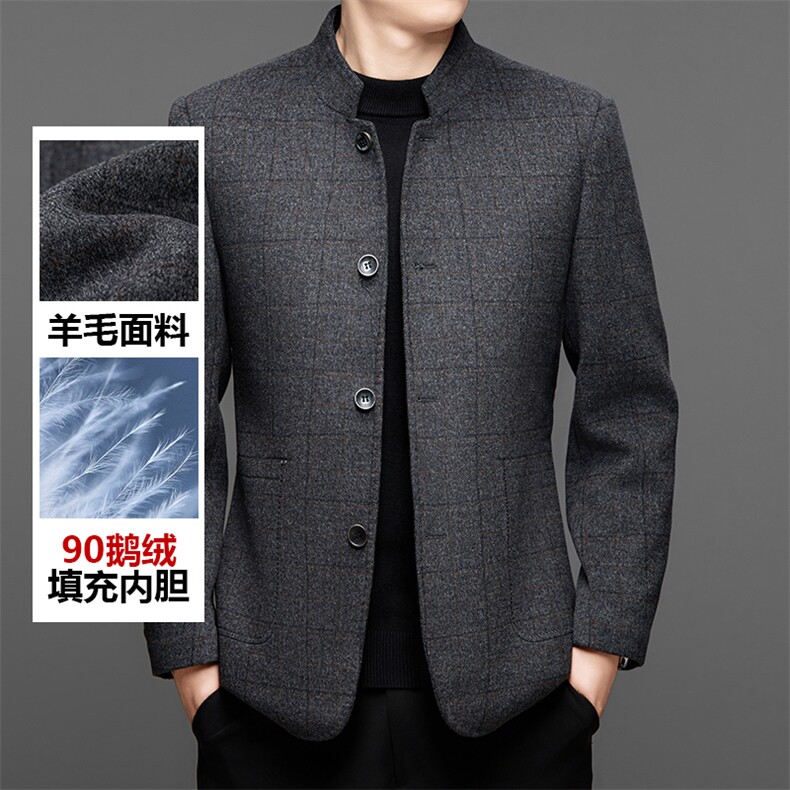 高端羊毛双面呢羽绒夹克外套男羊毛双面呢中老年90白鹅绒内胆夹克，男装毛呢大衣，钱塘723