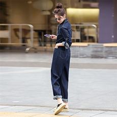 牛仔连体裤女2025春秋新款高级感女神范气质设计感小众系扣连衣裤，女装连体裤，天丽