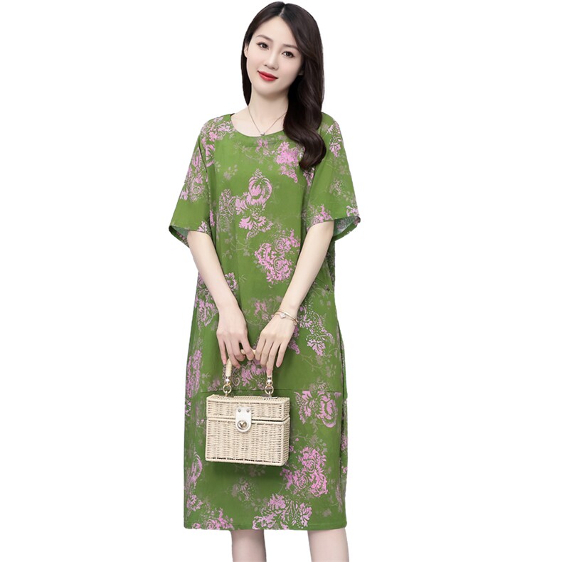 夏季新款大码女装胖mm宽松显瘦遮肚碎花连衣裙中长款妈妈裙子,女装连衣裙,妃曼