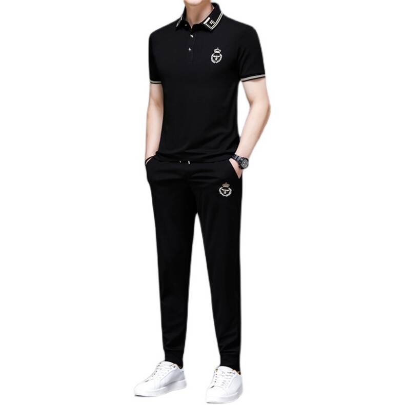 HP507夏季男式短袖长裤透气两件套运动休闲翻领修身t恤套装P130，男装休闲套装，电商B360