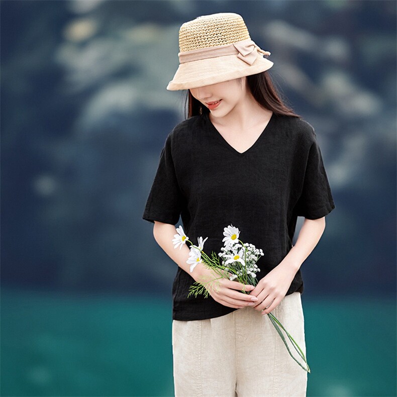 2026年夏季文艺风女短袖宽松亲肤透气常规亚麻棉,女装衬衫,江南依恋