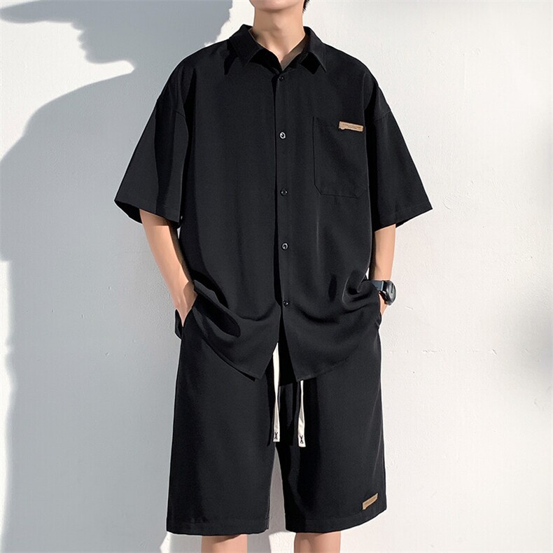 wassuphappy冰丝短袖衬衫套装男夏季薄款速干大码宽松运动两件套,男装休闲套装,电商A001-1