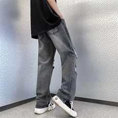 美式高街vibe破洞牛仔裤男女夏季新款直筒阔腿裤子ins潮QN336-p45，男装牛仔裤，星座1008