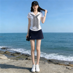 女夏时尚洋气套装裙修身减龄翻领设计感甜美蝴蝶结短袖短裙两件套图片