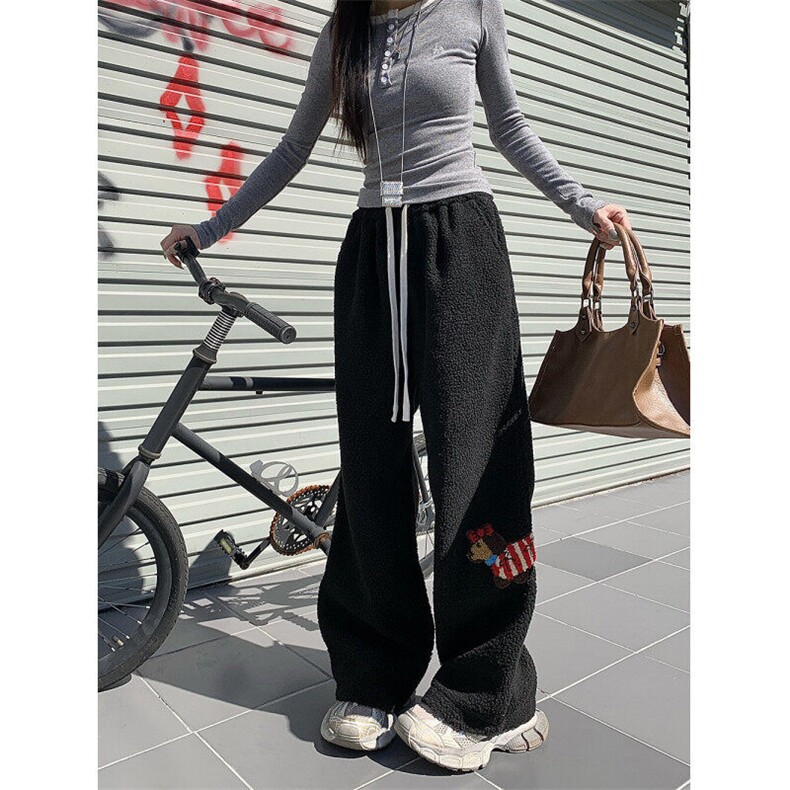 小狗刺绣羊羔毛棉裤男女情侣冬季加厚保暖防寒宽松百搭休闲长裤子图片