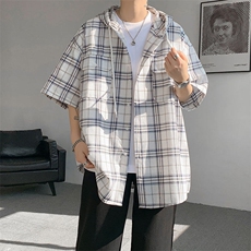 现货T10118-特批42控78活力格子衬衫男女宽松T恤短袖连帽开衫，男装T恤，电商A059