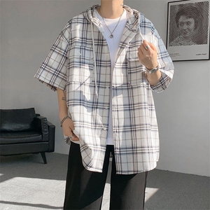 现货 T10118-特批42 控78 活力格子衬衫男女宽松T恤短袖连帽开衫图片