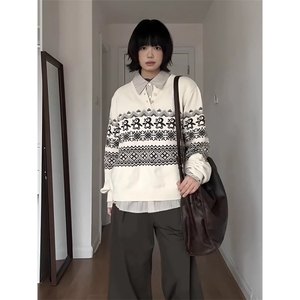 费尔岛复古花纹毛衣女秋冬慵懒风企鹅提花圆领针织衫宽松休闲上衣图片
