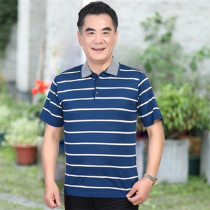 大货主推！2213/P30爷爷衣服POLO衫老人短袖条纹汗衫翻领爸爸装