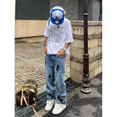 美式高街vibe风复古水洗做旧闪电贴布蓝色牛仔裤男宽松直筒长裤子，男装牛仔裤，四季星座505