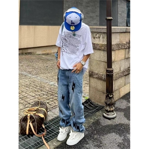 美式高街vibe风复古水洗做旧闪电贴布蓝色牛仔裤男宽松直筒长裤子图片