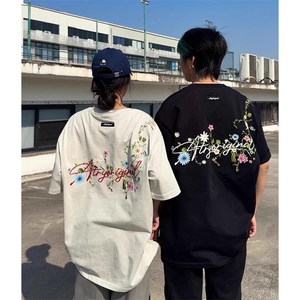 万针全刺绣工艺抖音得物高品质260克重磅纯棉双纱美式高街短袖T恤图片